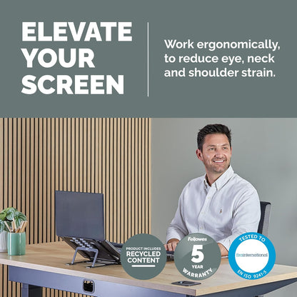 Fellowes Elevador para Portátil Alumia™ – Soporte Metálico Ergonómico y Ajustable en Altura e Inclinación – Plegable de Aluminio Reciclado – para Casa, Oficina o Trabajo Híbrido –