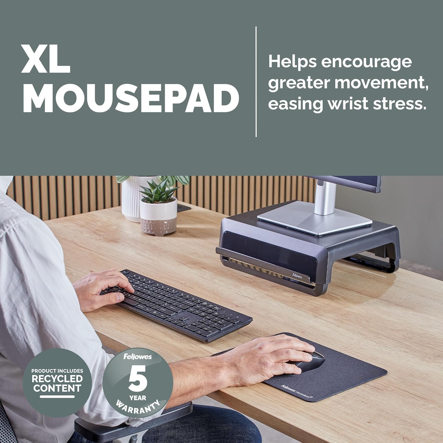 Fellowes Extra-Large Ergonomic Mousepad Black – Non-Slip Rubber Base, Durable Stitched Edges, Microban Protection, Eco-Friendly, and Optimized for Optical & Laser Mice