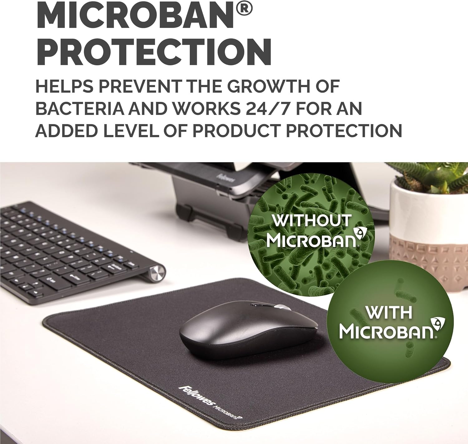 Fellowes Extra-Large Ergonomic Mousepad Black – Non-Slip Rubber Base, Durable Stitched Edges, Microban Protection, Eco-Friendly, and Optimized for Optical & Laser Mice