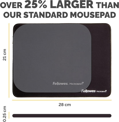 Fellowes Extra-Large Ergonomic Mousepad Black – Non-Slip Rubber Base, Durable Stitched Edges, Microban Protection, Eco-Friendly, and Optimized for Optical & Laser Mice