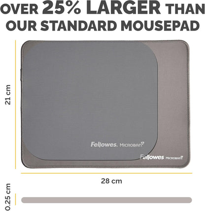 Fellowes Breyta Mousepad ergonomico extra-large grigio - Base in gomma antiscivolo, bordi cuciti resistenti, protezione Microban, ecologico e ottimizzato per mouse ottici e laser.