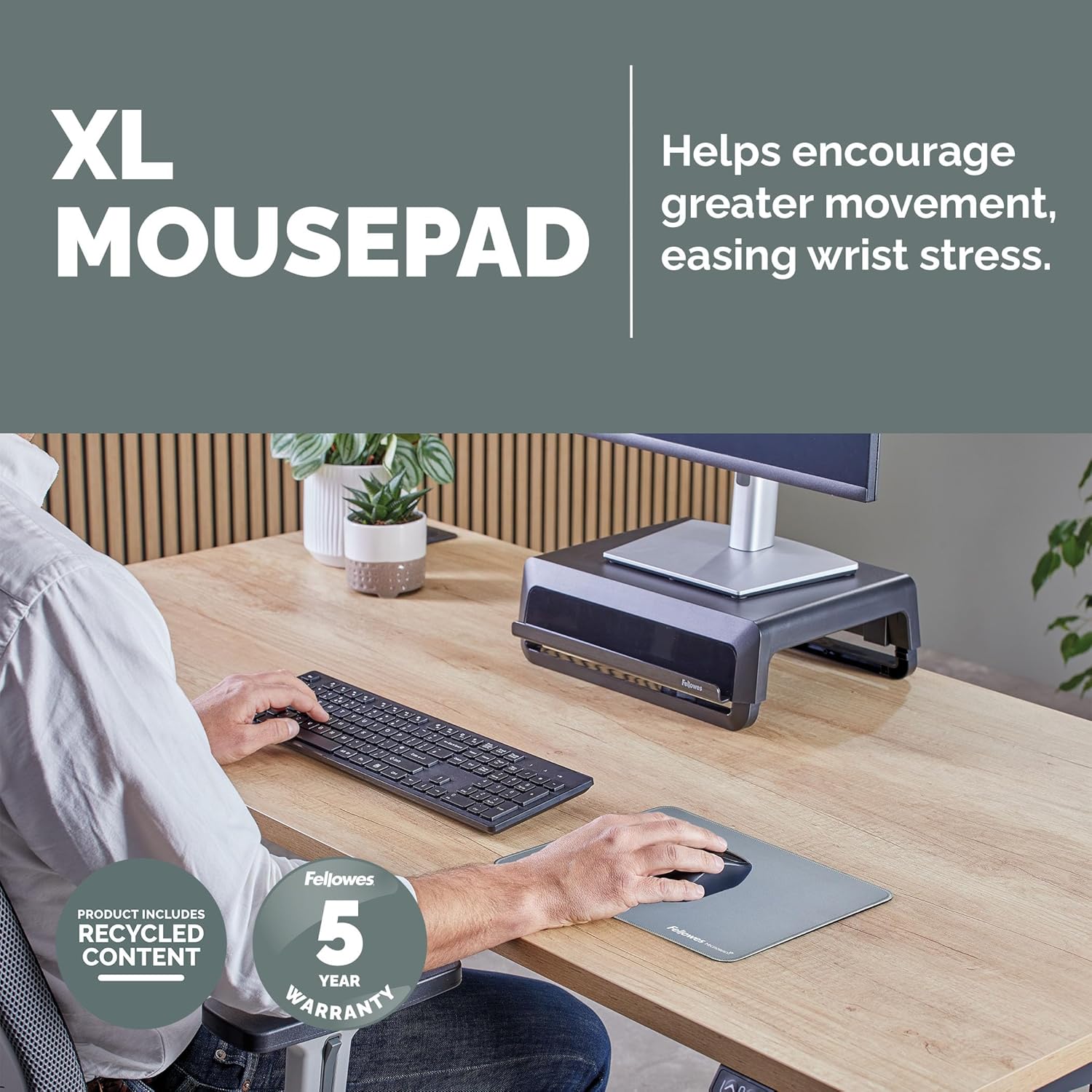 Fellowes Extra-Large Ergonomic Mousepad Marine – Non-Slip Rubber Base, Durable Stitched Edges, Microban Protection, Eco-Friendly, and Optimized for Optical & Laser Mice