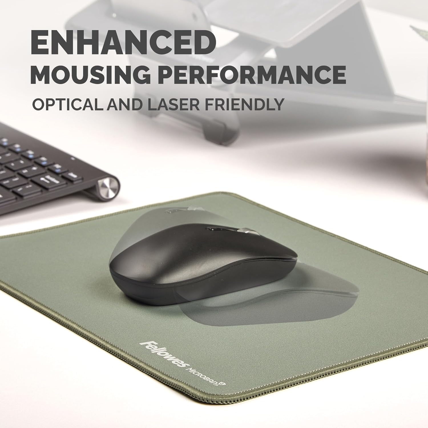 Fellowes Extra-Large Ergonomic Mousepad Sage – Non-Slip Rubber Base, Durable Stitched Edges, Microban Protection, Eco-Friendly, and Optimized for Optical & Laser Mice