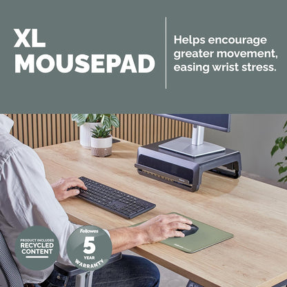 Fellowes Extra-Large Ergonomic Mousepad Sage – Non-Slip Rubber Base, Durable Stitched Edges, Microban Protection, Eco-Friendly, and Optimized for Optical & Laser Mice