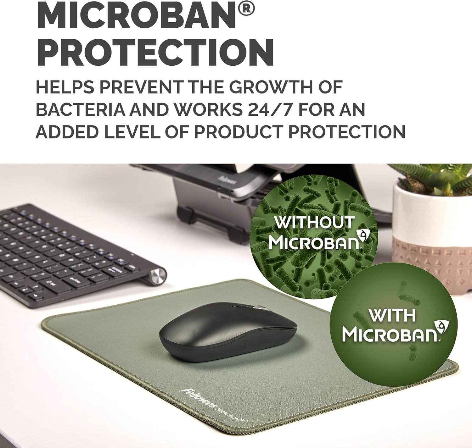 Fellowes Extra-Large Ergonomic Mousepad Sage – Non-Slip Rubber Base, Durable Stitched Edges, Microban Protection, Eco-Friendly, and Optimized for Optical & Laser Mice