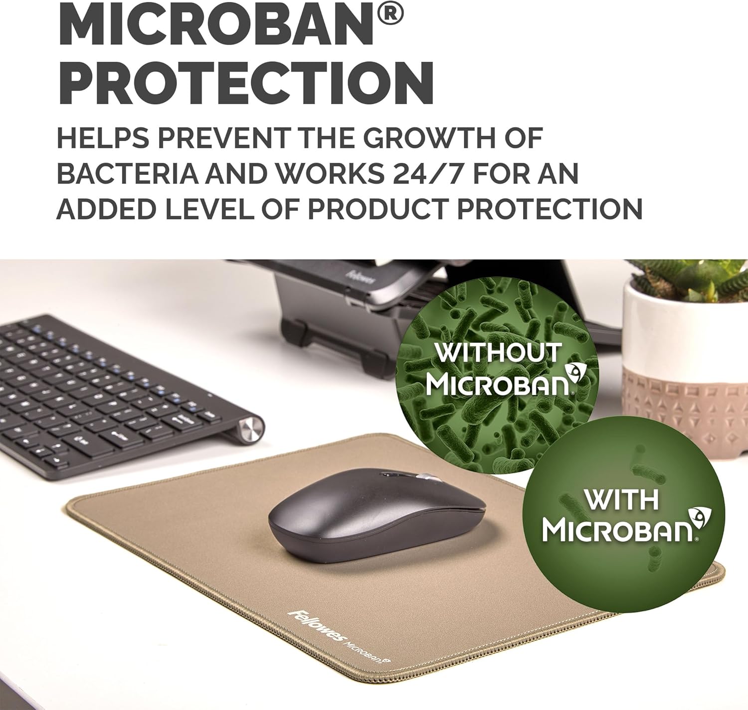Fellowes Breyta Mousepad ergonomico extra-large Sabbia - Base in gomma antiscivolo, bordi cuciti resistenti, protezione Microban, ecologico e ottimizzato per mouse ottici e laser.