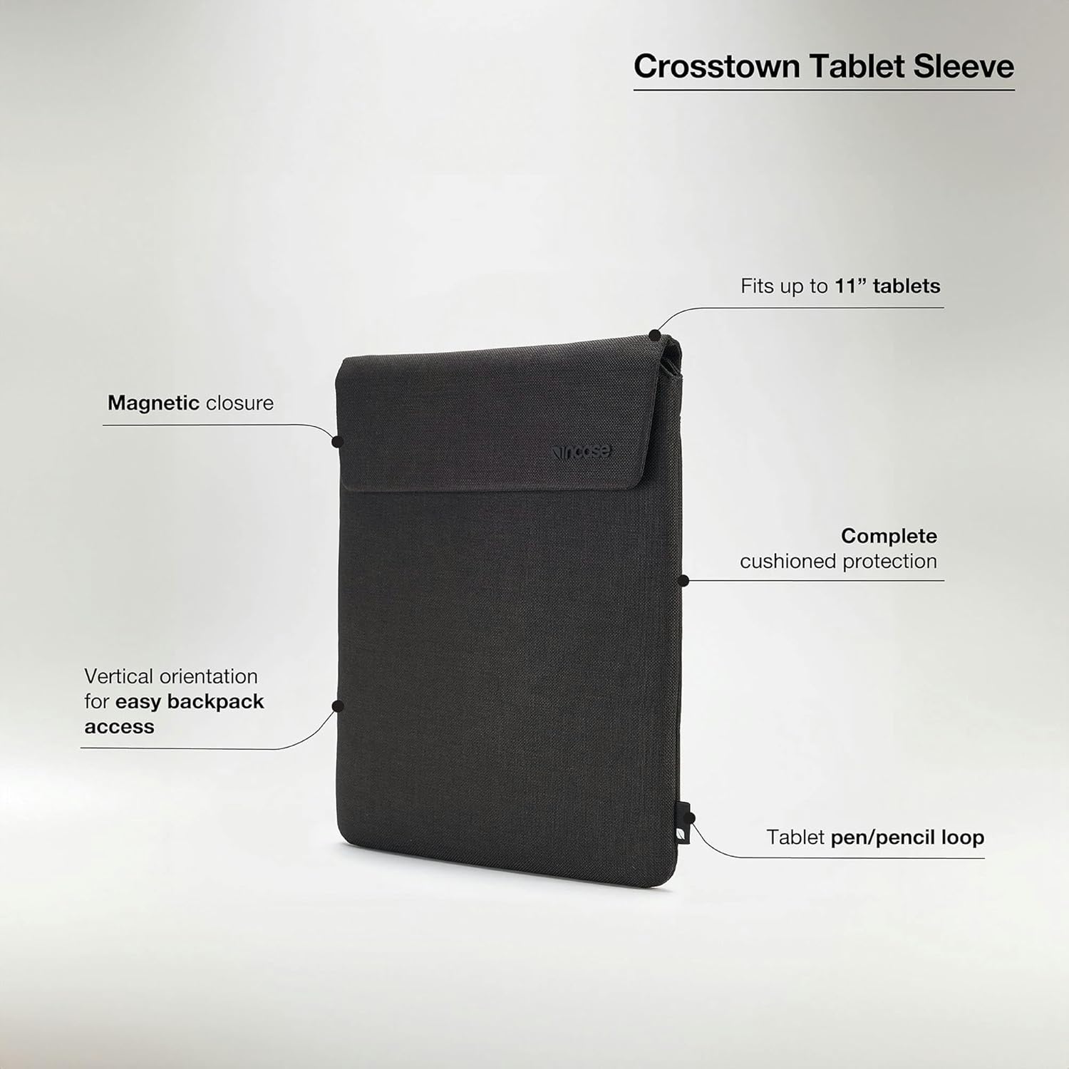 Incase Crosstown Sleeve with Woolenex for 11” iPad/Tablet – Vertical Orientation, Pen/Pencil Loop, Cushioned Protection, Magnetic Closure, Up to 11” Devices, Tablet Cover - Black