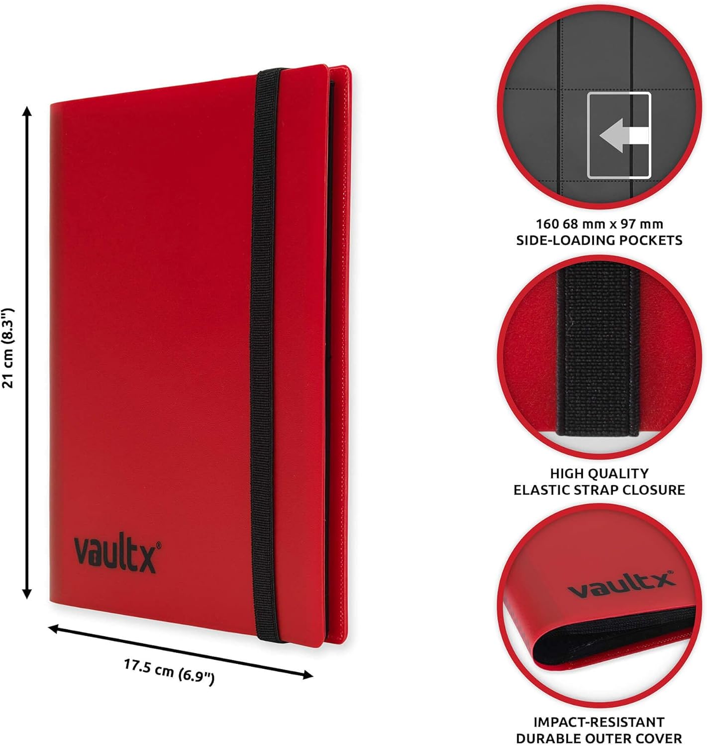 Vault X 4 Pocket Trading Card Strap Binder, 160 cards, Standard, 20 Side-Loading Pages, Folder for Collectible Card Games, Sports, TCG (Red