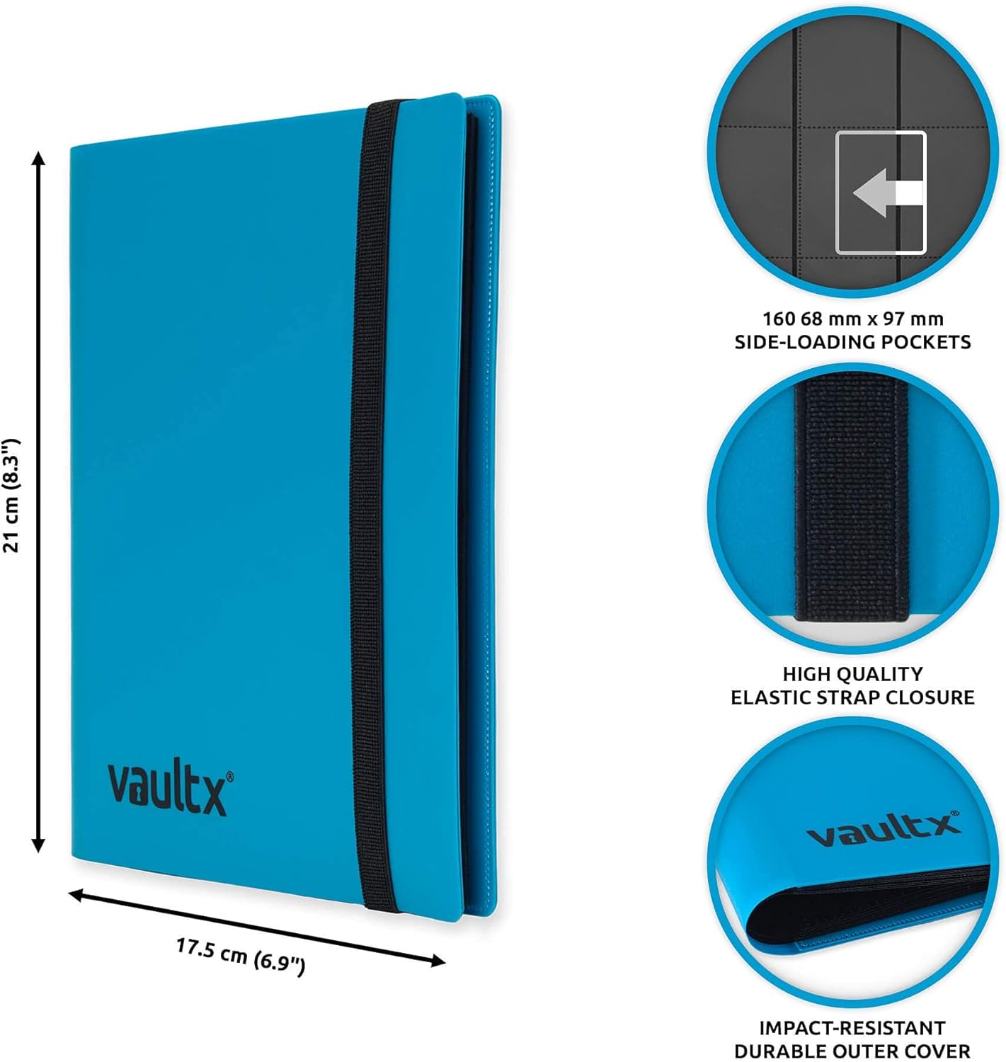 Vault X 4 Pocket Trading Card Strap Binder, 160 cards, Standard, 20 Side-Loading Pages, Folder for Collectible Card Games, Sports, TCG (Blue