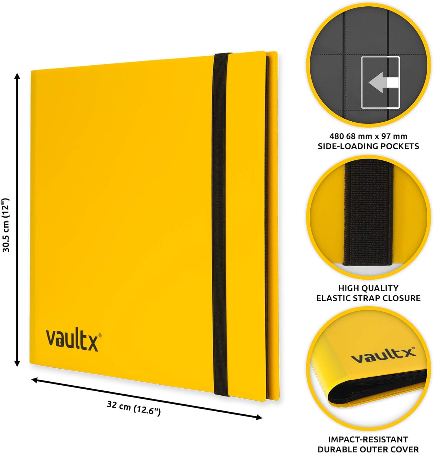 Vault X 12 Pocket Trading Card Strap Binder, 480 cards, Standard, 20 Side-Loading Pages, Folder for Collectible Card Games, Sports, TCG (Yellow