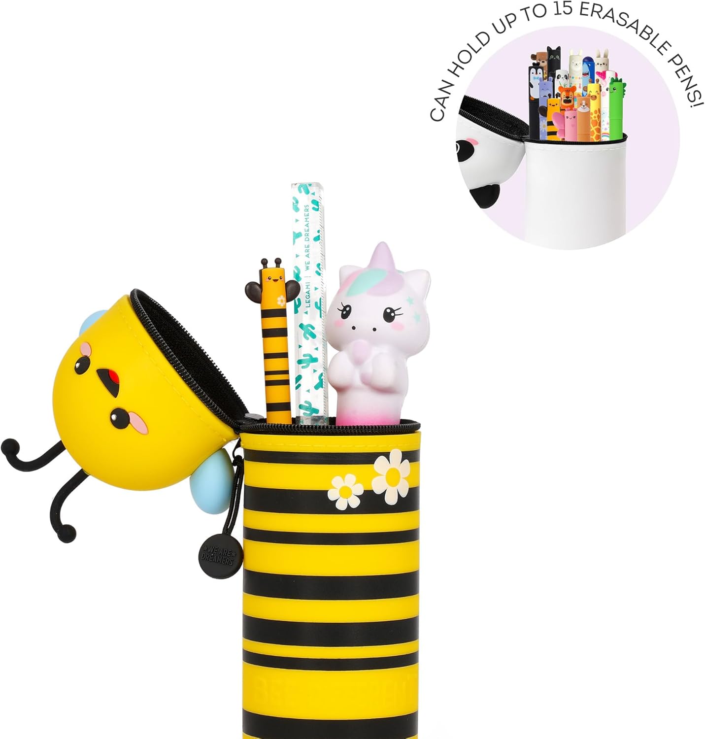 Legami – Kawaii School Pencil Case 2 in 1 Soft Silicone, Table Pen Holder, Zipper Closure, Pastel Pens Marker, H 18.5 cm