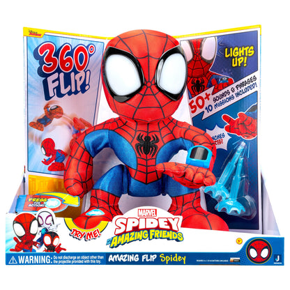 MARVEL Spidey and His Amazing Friends Amazing Flip Spidey - 12-Inch Animatronic Plush with Lights, Sounds, and Web Dart Launcher