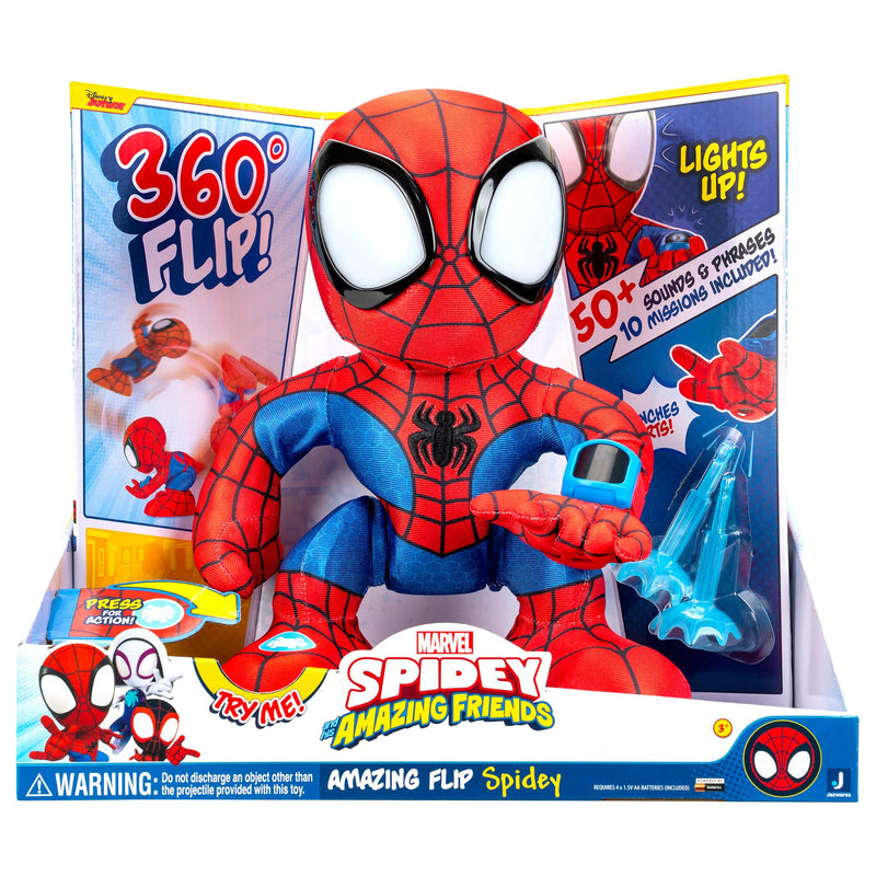 MARVEL Spidey and His Amazing Friends Amazing Flip Spidey - 12-Inch Animatronic Plush with Lights, Sounds, and Web Dart Launcher