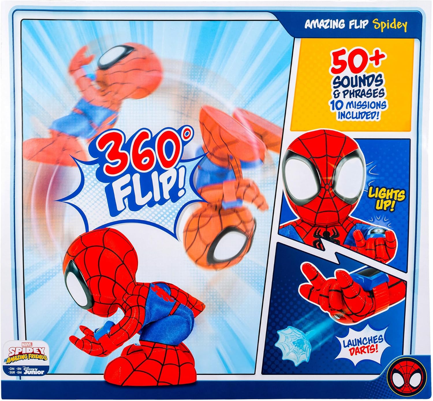 MARVEL Spidey and His Amazing Friends Amazing Flip Spidey - 12-Inch Animatronic Plush with Lights, Sounds, and Web Dart Launcher