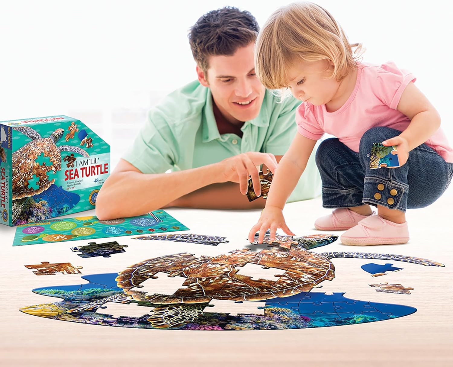 Madd Capp: I Am Lil' Sea Turtle - 48 Piece Puzzle - Kids Aquatic Animal-Shaped Jigsaw, 25x18 Size, Poster Reference, Educational Fun Fact Booklet