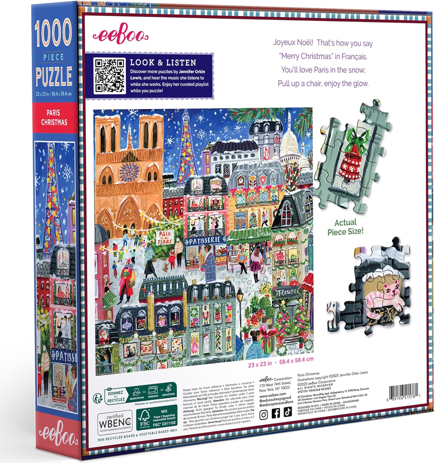 eeBoo París – Puzzle para Adultos, 1000 Piezas, diseño de Escena navideña, x 58,5 cm (PZT781