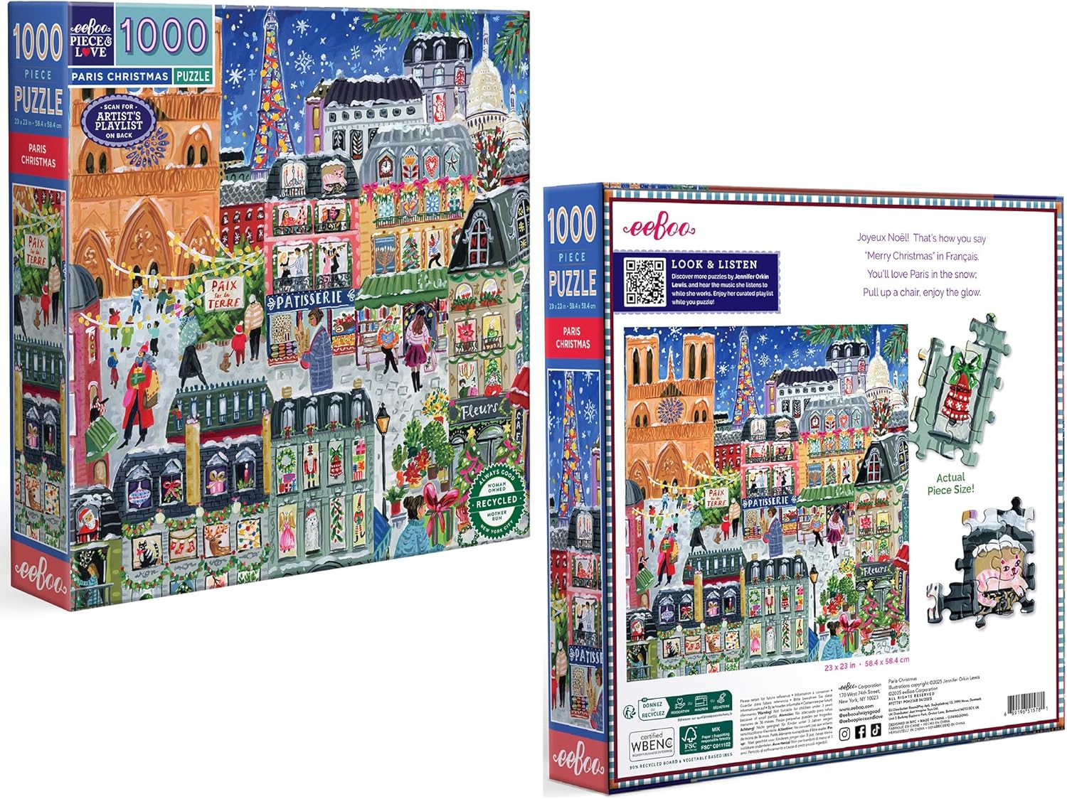 eeBoo París – Puzzle para Adultos, 1000 Piezas, diseño de Escena navideña, x 58,5 cm (PZT781