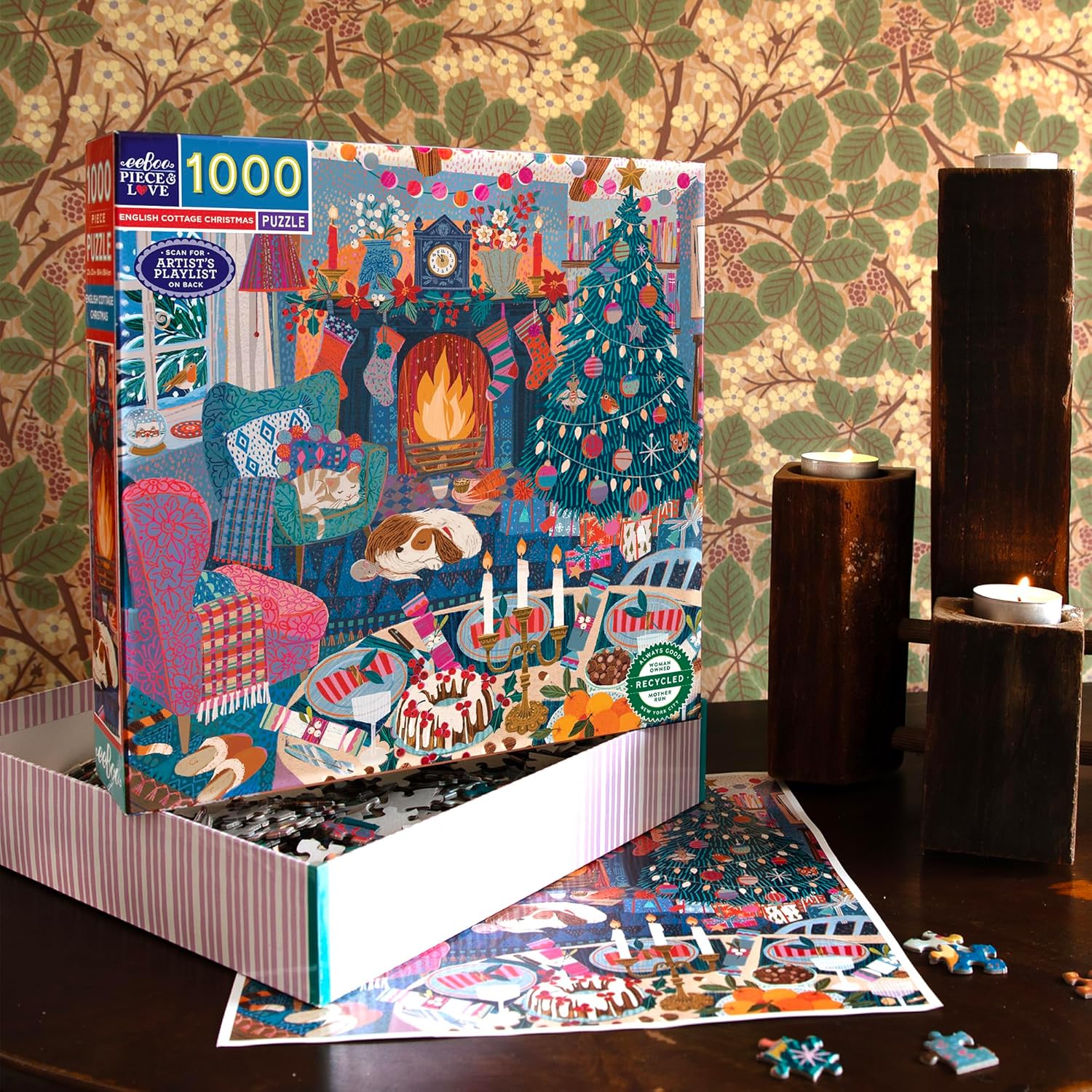 eeBoo Piece & Love: Engelse Cottage Christmas - puzzel van 1000 stukjes - vierkante puzzel, voor volwassenen, 23 x 23, inclusief afbeeldingsreferentie-insert, stukjes