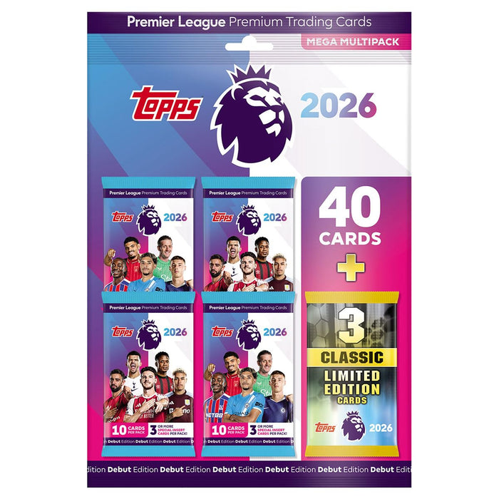 Topps Premier League 2026 - Debut Edition - Mega Multipack - contains 40 cards plus 3 random Classic LE cards.