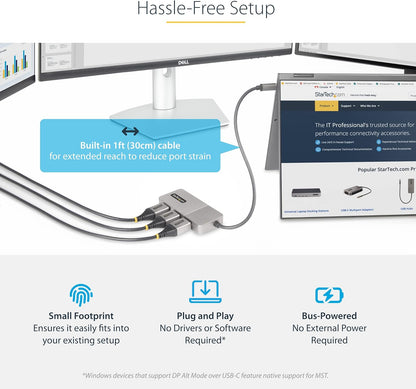 StarTech.com 3-Port USB-C Multi-Monitor Adapter, USB Type-C to 3x DisplayPort 1.4 MST Hub, Triple 4K 60Hz DP Laptop Display Extender/Splitter, HDR, Extra-Long Built-In Cable, Windows (MST14CD123DP)