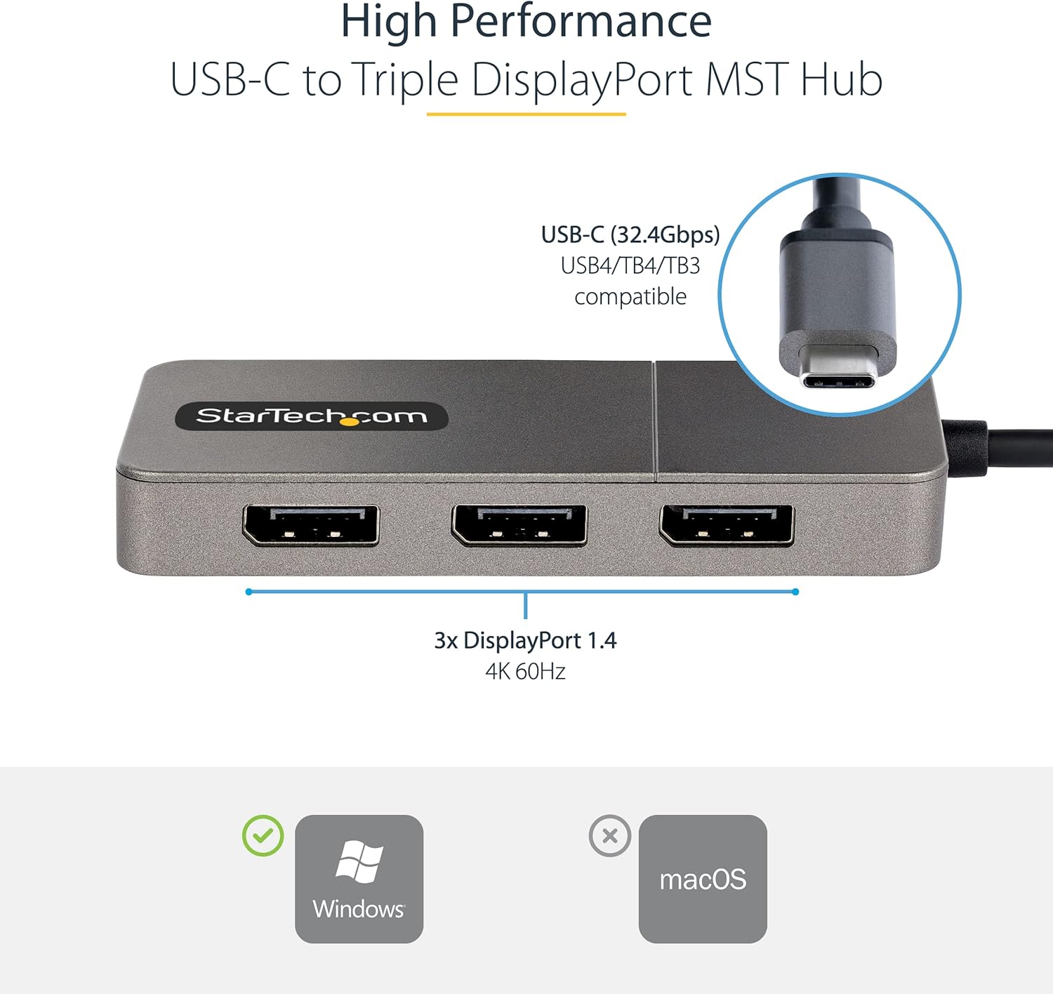 StarTech.com 3-Port USB-C Multi-Monitor Adapter, USB Type-C to 3x DisplayPort 1.4 MST Hub, Triple 4K 60Hz DP Laptop Display Extender/Splitter, HDR, Extra-Long Built-In Cable, Windows (MST14CD123DP)