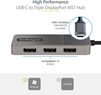 StarTech.com 3-Port USB-C Multi-Monitor Adapter, USB Type-C to 3x DisplayPort 1.4 MST Hub, Triple 4K 60Hz DP Laptop Display Extender/Splitter, HDR, Extra-Long Built-In Cable, Windows (MST14CD123DP)