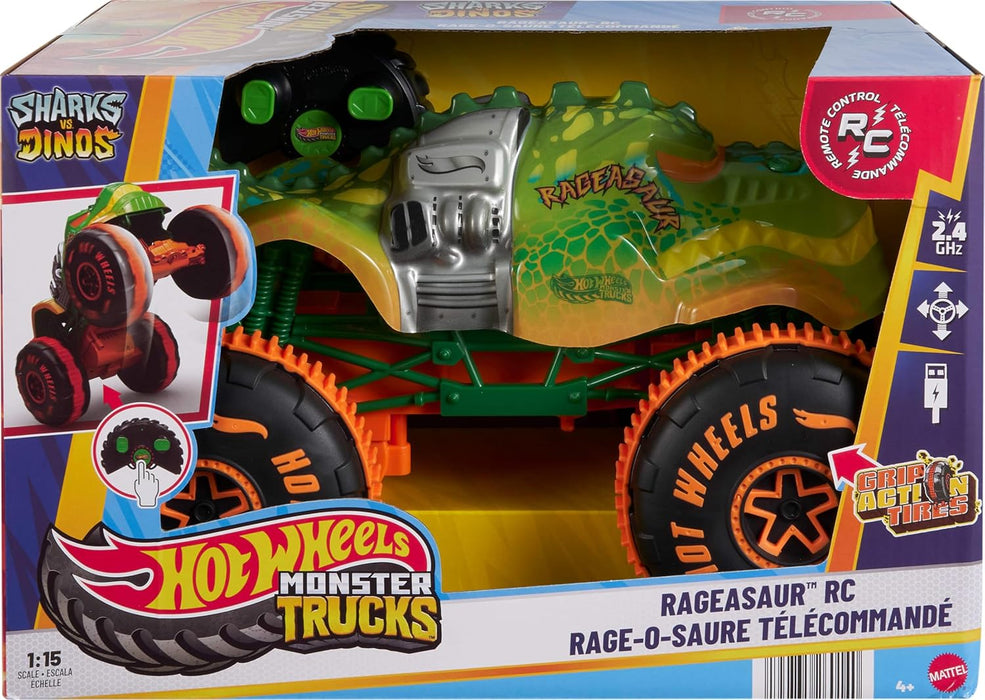 Hot Wheels Monster Trucks Remote-Control Toy Vehicle, 1:15 Scale Rageasaur RC with Grip Action Tires for Off-Roading & Wheelie Stunting