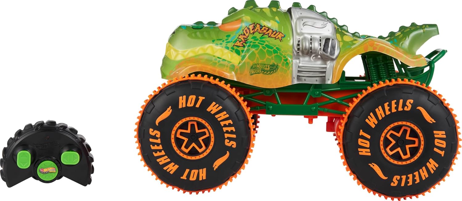 Hot Wheels Monster Trucks Remote-Control Toy Vehicle, 1:15 Scale Rageasaur RC with Grip Action Tires for Off-Roading & Wheelie Stunting
