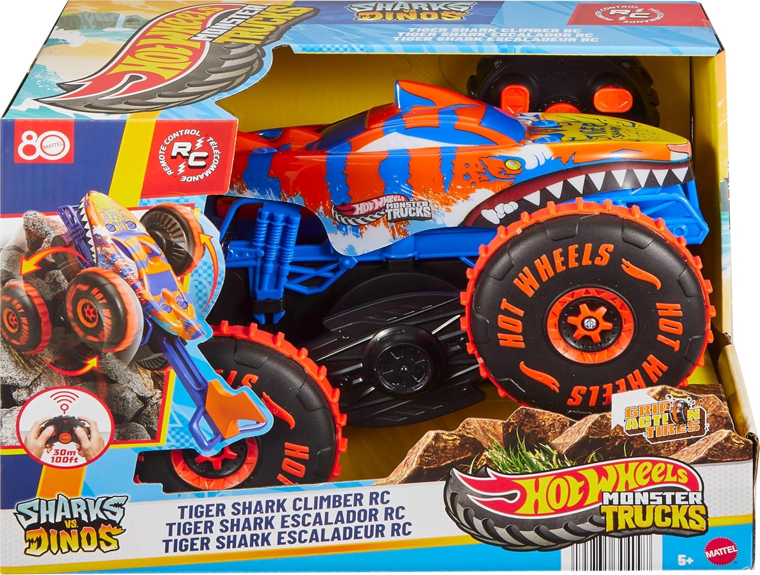 Hot Wheels Monstertrucks, speelgoedvoertuig met afstandsbediening, grote Tijgerhaaiklimmer met 3 speelstanden voor racen, klimmen en stunten, JFR39