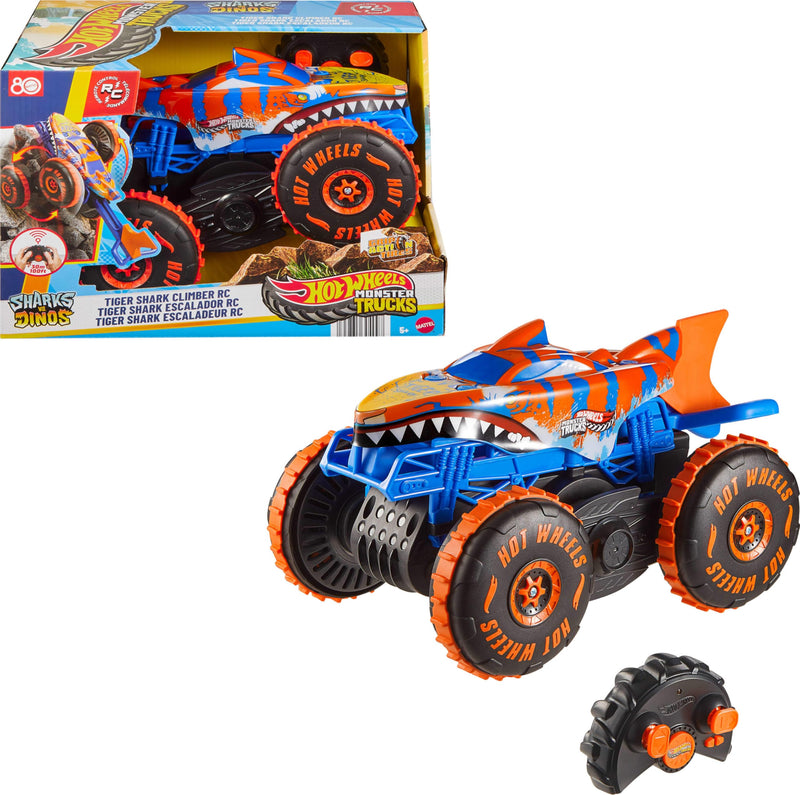 Hot Wheels Monstertrucks, speelgoedvoertuig met afstandsbediening, grote Tijgerhaaiklimmer met 3 speelstanden voor racen, klimmen en stunten, JFR39