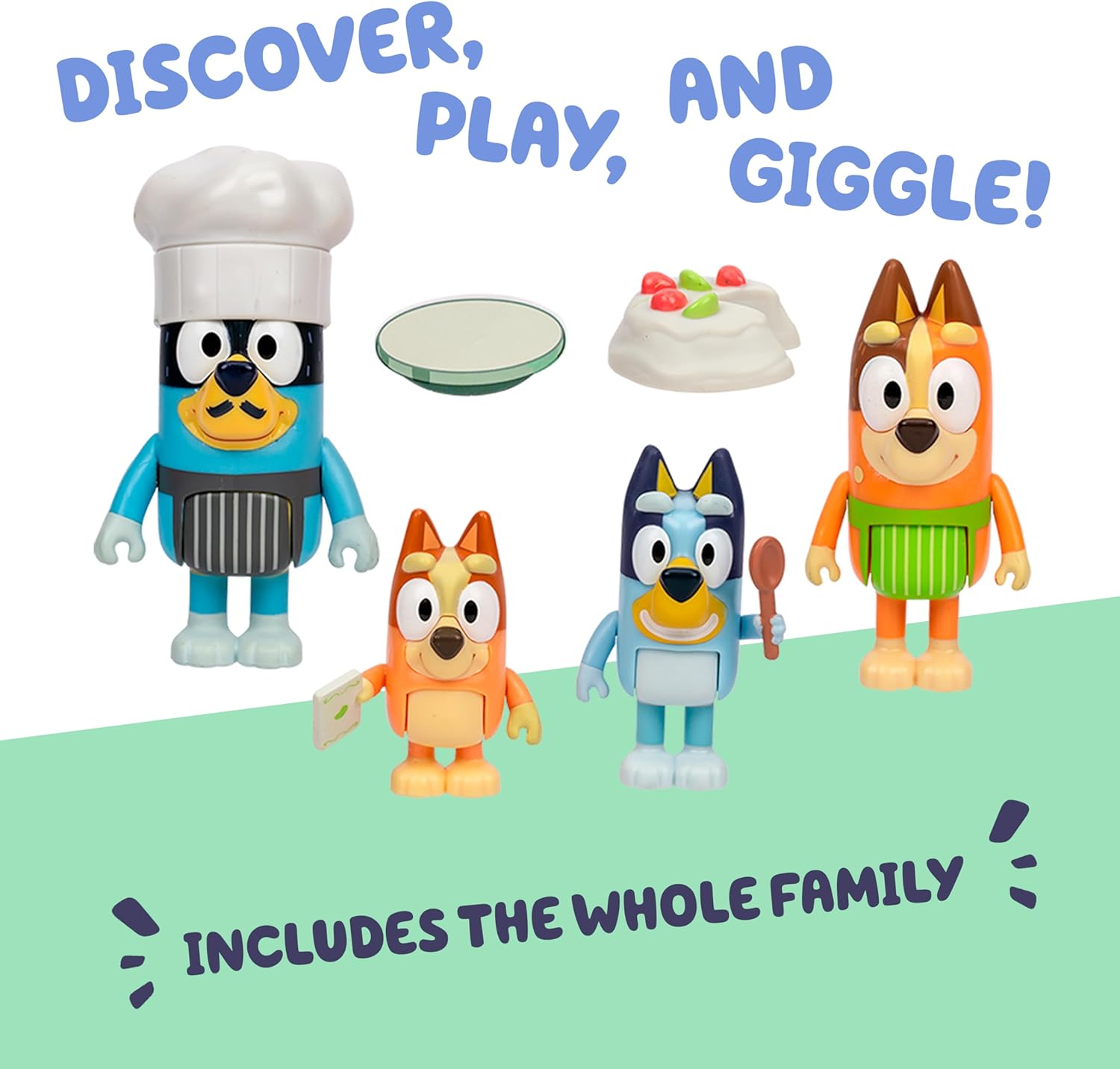 Bluey It's Time For Pavlova With This Pavlova 4 Pack, Includes, Bingo, Bandit In His Chef Hat and Chilli and 2 Accessories, Four 6-7.6 CM Articulated Figures