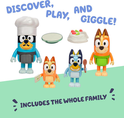 Bluey It's Time For Pavlova With This Pavlova 4 Pack, Includes, Bingo, Bandit In His Chef Hat and Chilli and 2 Accessories, Four 6-7.6 CM Articulated Figures