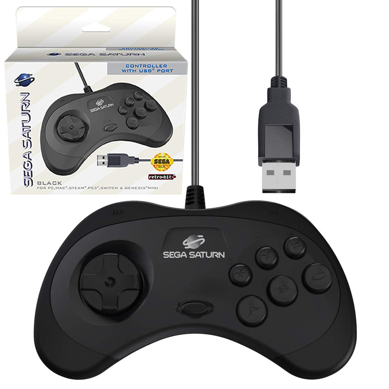 Retro-Bit Official Sega Saturn USB Controller Pad (Model 2) for Sega Genesis Mini, PS3, PC, Mac, Steam, Switch - USB Port (Black