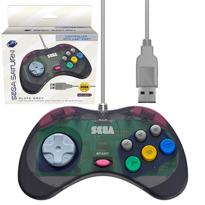 Retro-Bit Official Sega Saturn USB Controller Pad (Model 2) for Sega Genesis Mini, PS3, PC, Mac, Steam, Switch - USB Port (Slate Gray