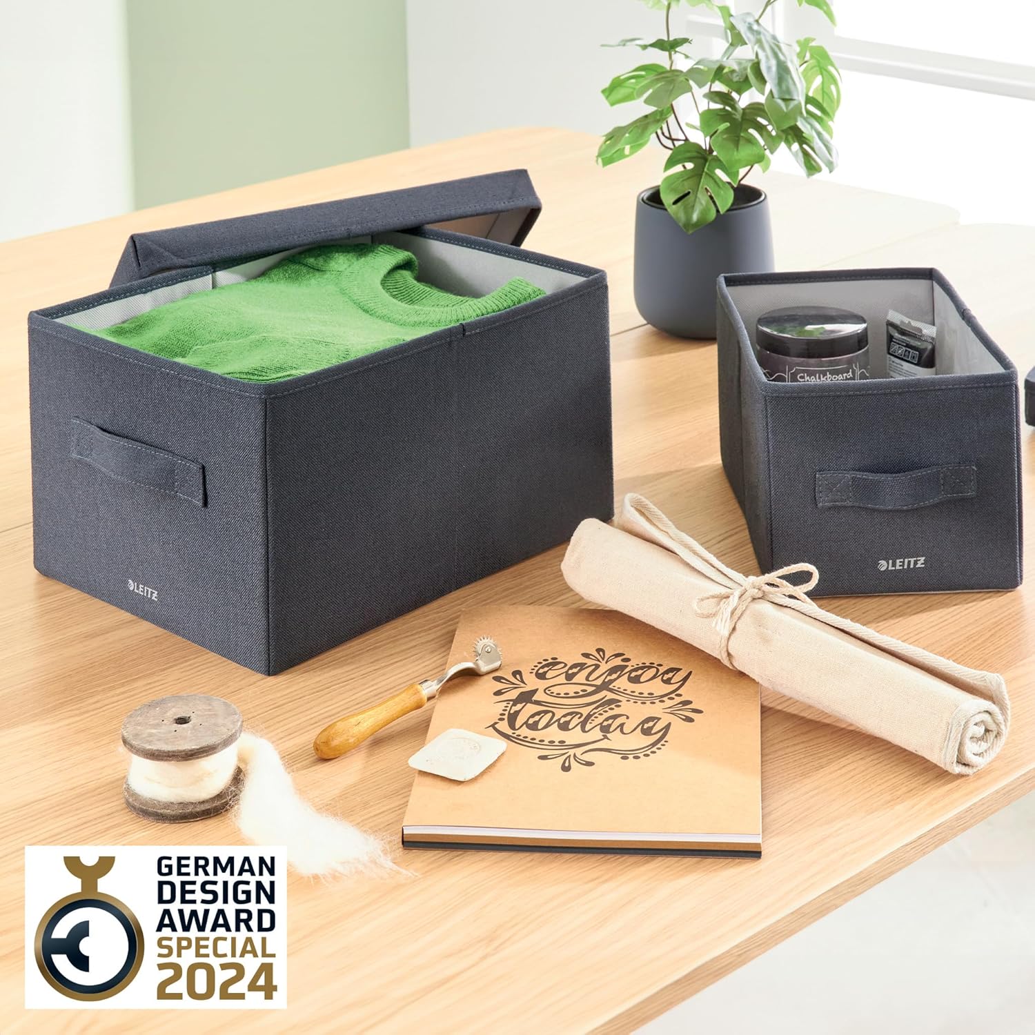 Leitz Fabric Storage Box with Lid, Set of 2 Cube Storage Unit Boxes, 28.5 x 38 x 20.3 cm Foldable Fabric Ottoman Box, Collapsible & Eco Conscious Organiser, Recycle Range, Velvet Grey Medium, 61440089