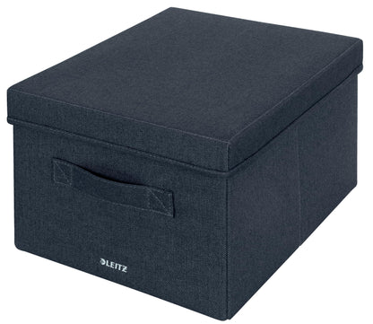 Leitz Fabric Storage Box with Lid, Set of 2 Cube Storage Unit Boxes, 28.5 x 38 x 20.3 cm Foldable Fabric Ottoman Box, Collapsible & Eco Conscious Organiser, Recycle Range, Velvet Grey Medium, 61440089
