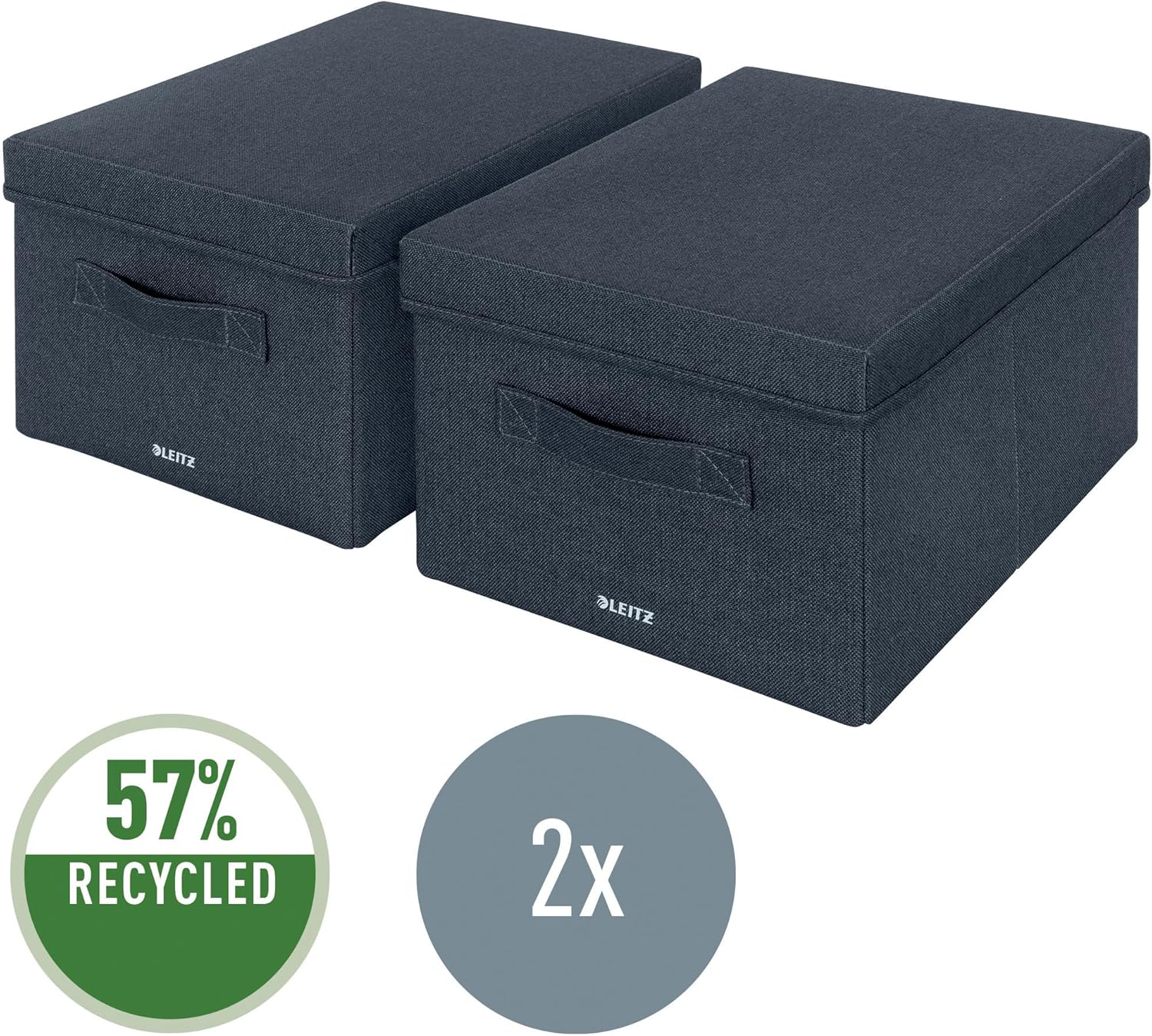 Leitz Fabric Storage Box with Lid, Set of 2 Cube Storage Unit Boxes, 28.5 x 38 x 20.3 cm Foldable Fabric Ottoman Box, Collapsible & Eco Conscious Organiser, Recycle Range, Velvet Grey Medium, 61440089