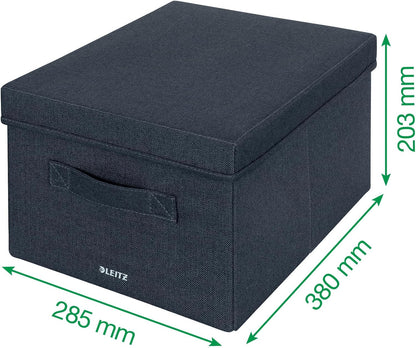 Leitz Fabric Storage Box with Lid, Set of 2 Cube Storage Unit Boxes, 28.5 x 38 x 20.3 cm Foldable Fabric Ottoman Box, Collapsible & Eco Conscious Organiser, Recycle Range, Velvet Grey Medium, 61440089