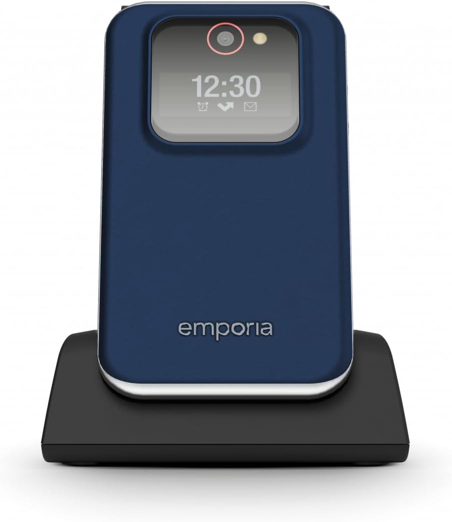 Emporia JOY Flip Mobile Phone, Ideal for the Elderly, Large 2.8" Screen, External Screen for Caller ID, 2MP Camera, Charging Cradle included, Unlocked. Easy to Use - Blueberry
