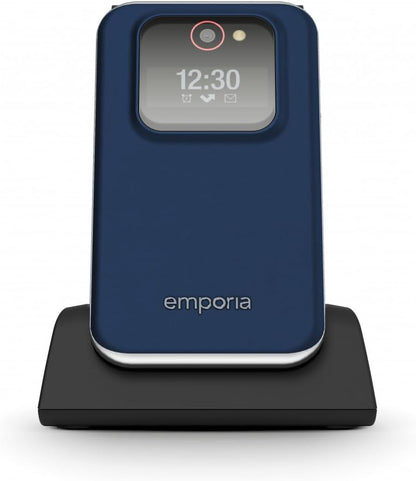 Emporia JOY Flip Mobile Phone, Ideal for the Elderly, Large 2.8" Screen, External Screen for Caller ID, 2MP Camera, Charging Cradle included, Unlocked. Easy to Use - Blueberry