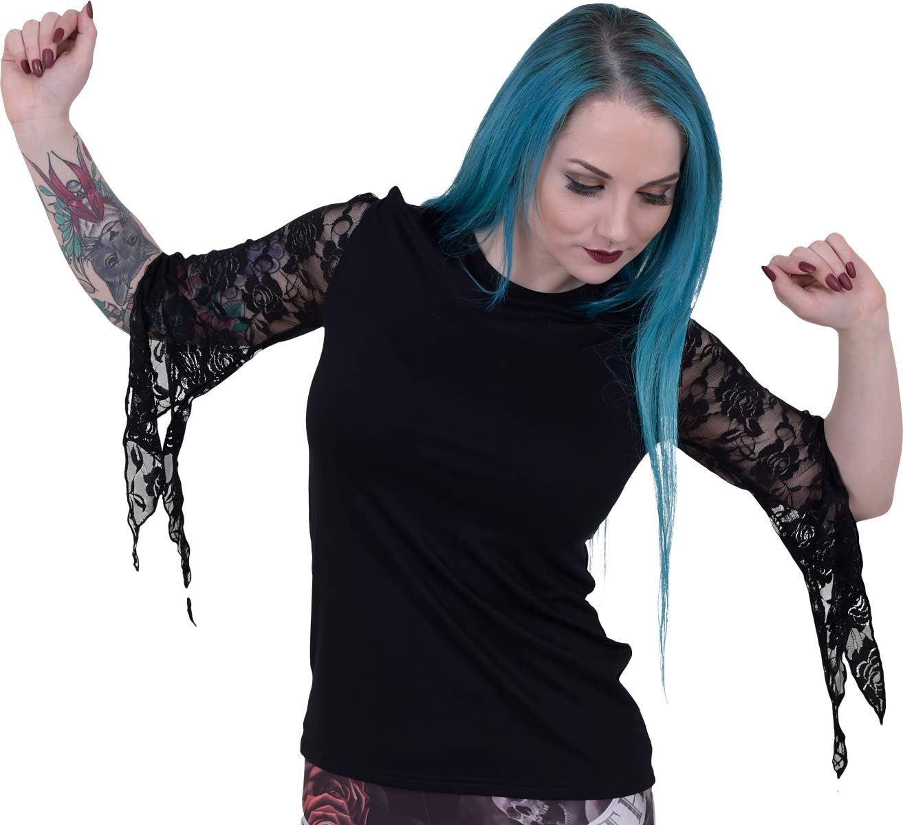 Spiral - Gothic Elegance - Rose Lace Sleeve Top - M