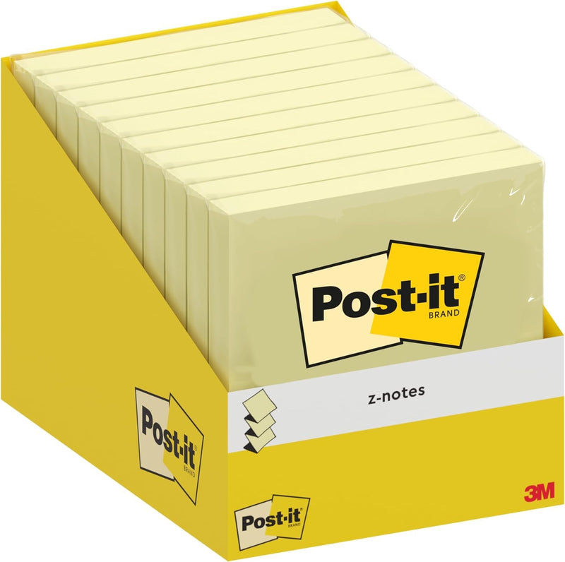 Post-it Z-Notes, Canary Yellow, Pack of 10 Pads, 100 Sheets per Pad, 76 mm x 76 mm, Cardboard Pack, 100% PEFC - Self-Stick Notes for Note Taking, to Do Lists & Reminders