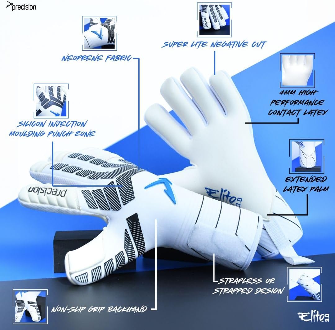 Precision Elite 3.0 Contact Goalkeeper Gloves, 4 mm Black Contact Latex Grip, Super Lite Negative Cut, Strapless or Strapped Fit