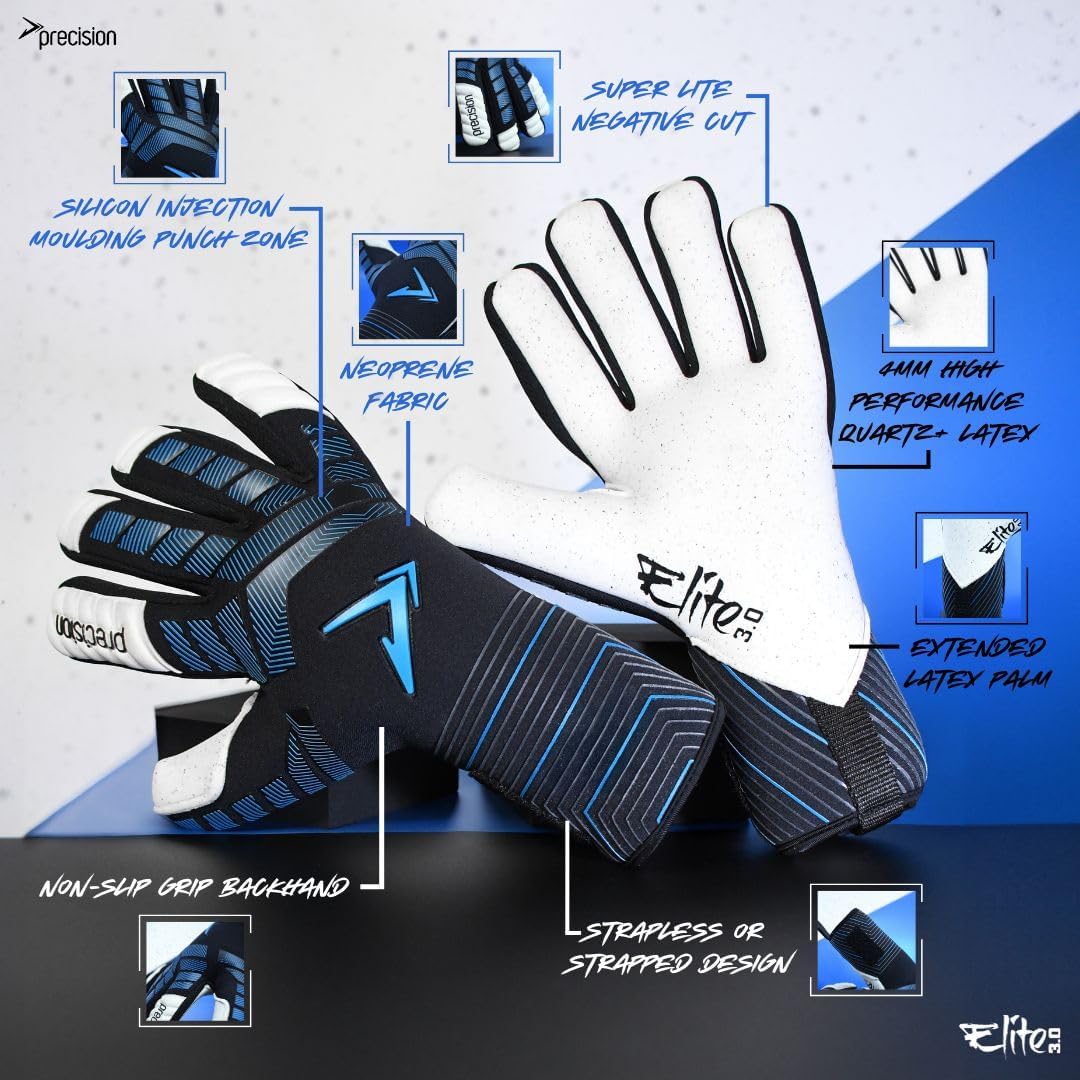 Precision Elite 3.0 Quartz Goalkeeper Gloves, 4 mm Quartz plus Latex Grip, All Weather, Super Lite Negative Cut, Strapless or Strapped Fit