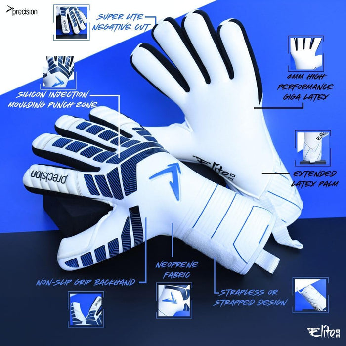 Precision Elite 3.0 Giga Goalkeeper Gloves, 4 mm Giga Latex Grip, Super Lite Negative Cut, All Weather Strapless or Strapped Fit