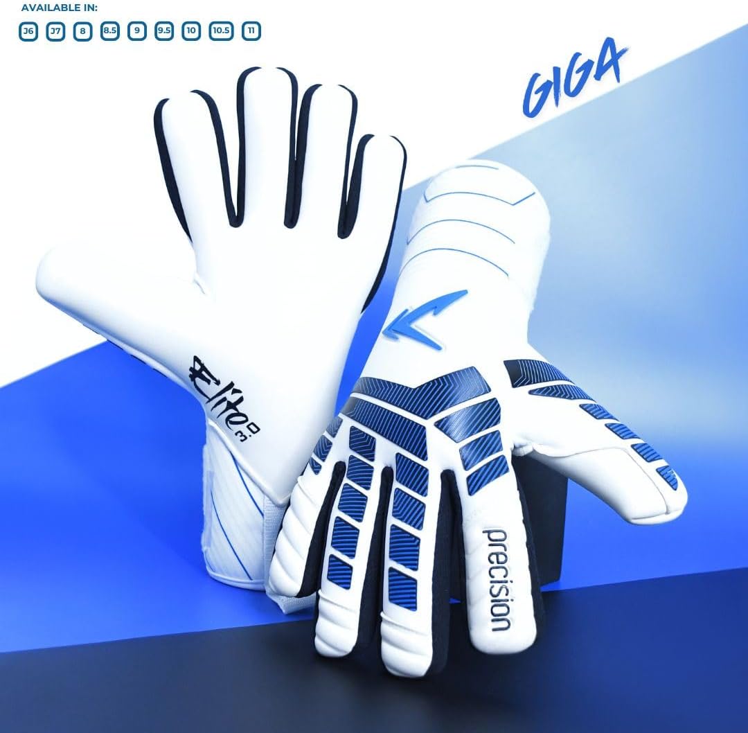 Precision Elite 3.0 Giga Goalkeeper Gloves, 4 mm Giga Latex Grip, Super Lite Negative Cut, All Weather Strapless or Strapped Fit