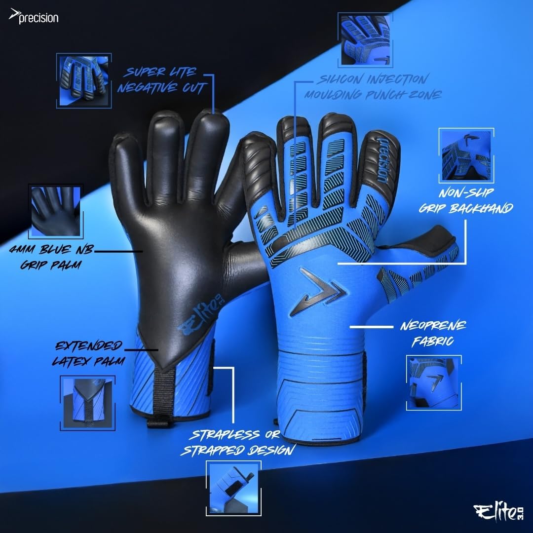 Precision Elite 3.0 Grip Goalkeeper Gloves, 4 mm Blue NB Grip Latex Palm, Super Lite Negative Cut, All Weather Strapless or Strapped Fit