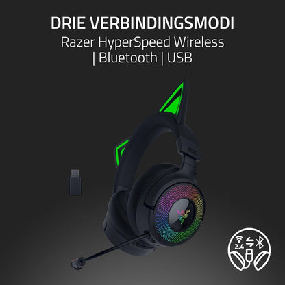 Razer Kraken Kitty V3 Pro - RGB Kitty draadloze gamingheadset - reactieve kattenoren voor streaming Hoofdtelefoon - Triforce 40mm Driver - Hyperspeed Wireless & Bluetooth - THX Spatial Audio | Zwart