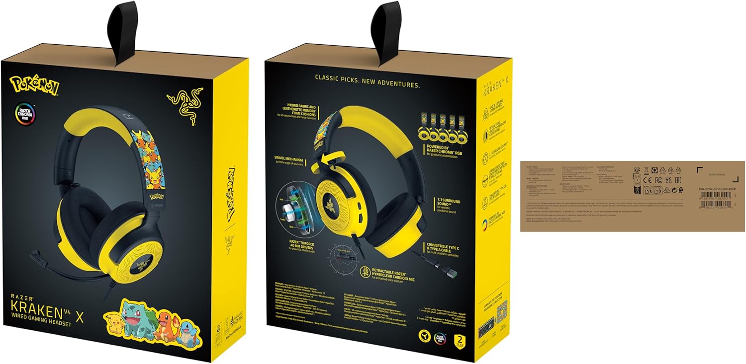 Razer Kraken V4 X Pokémon Edition - Wired USB Gaming Headset - TriForce 40mm Drivers - Retractable Cardioid Mic - Surround Sound - Chroma RGB - for PC & console via USB-C | Pokémon Kanto