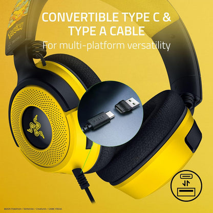 Razer Kraken V4 X Pokémon Edition - Wired USB Gaming Headset - TriForce 40mm Drivers - Retractable Cardioid Mic - Surround Sound - Chroma RGB - for PC & console via USB-C | Pokémon Kanto